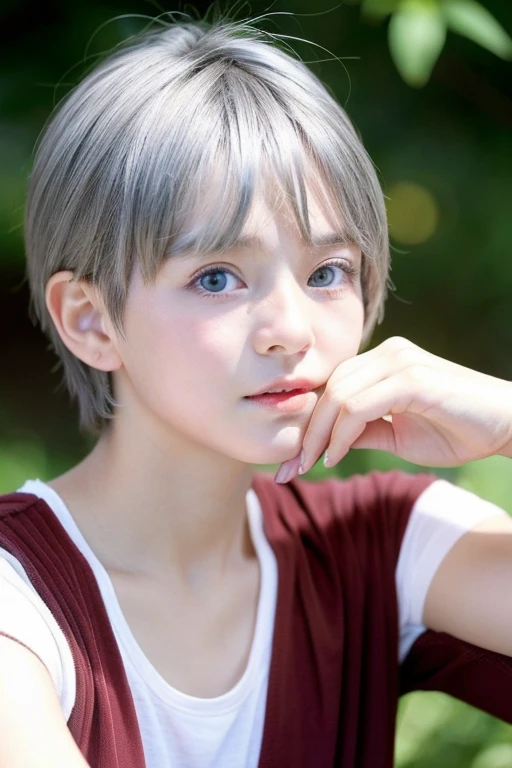 boy、Fair skin、blue eyes、gray hair、、fishing eye、embarrassed、juvenile、young、Grown-up