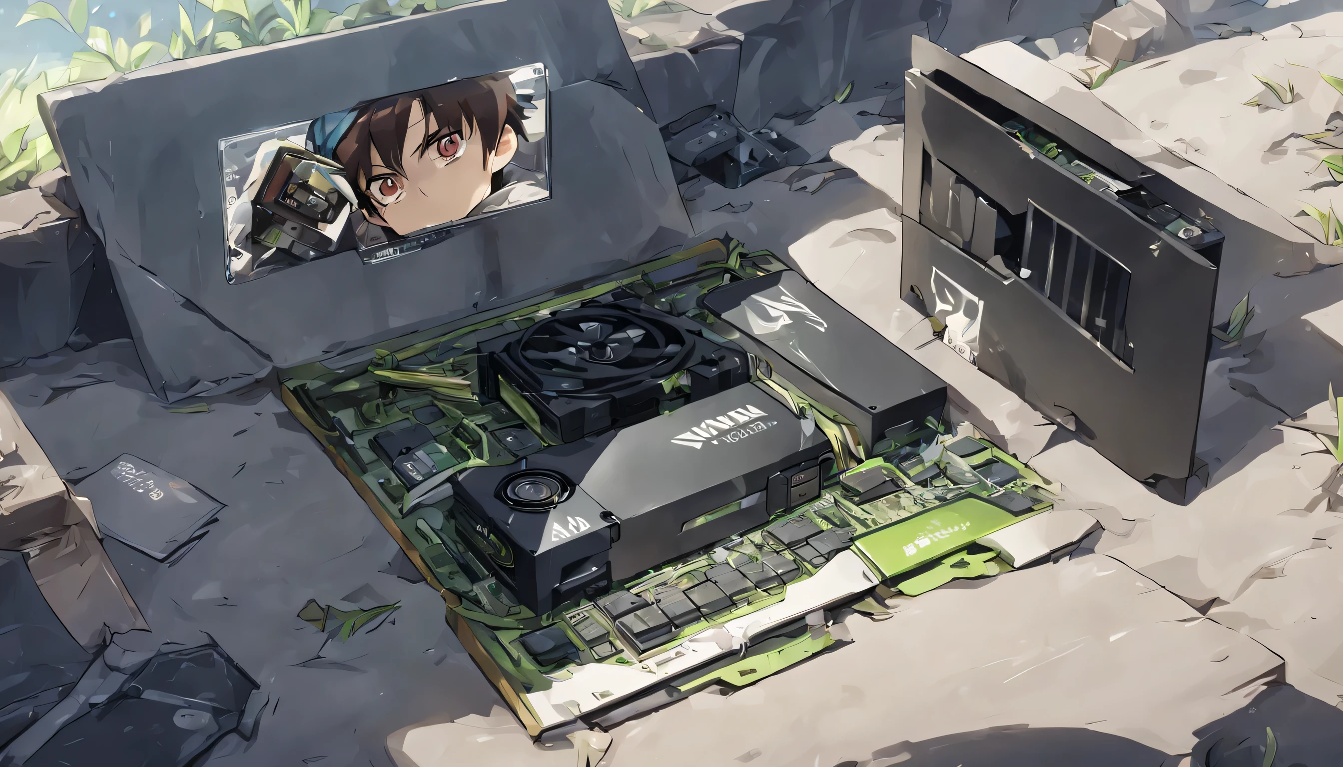 anime boy that is buried on an on grave and next to him is a an NVIDIA computer video card