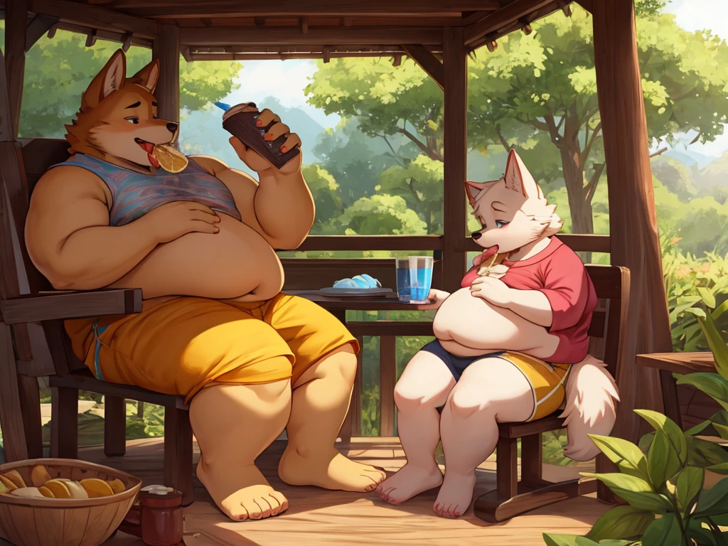 {Side view} a couple of furry two mature girls and a furry young boy in a treehouse try to endure a blazing heatwave by eating plenty of ice cream (most of which has unfortunately already melted) and drinking lemonade {[girls: canine, anthro, strong arms, definited muscles, huge , huge thighs, wide hips, mature]}, {[boy: canine, anthro, fat, (morbity obesity:1.4) fat legs, fat belly, drinking lemonade by the pitcher, bigger than the couch, fat, fat belly, round belly, stuffed, sitting, hands on belly]} looking each other, barefoot, shorts, underwear, size difference