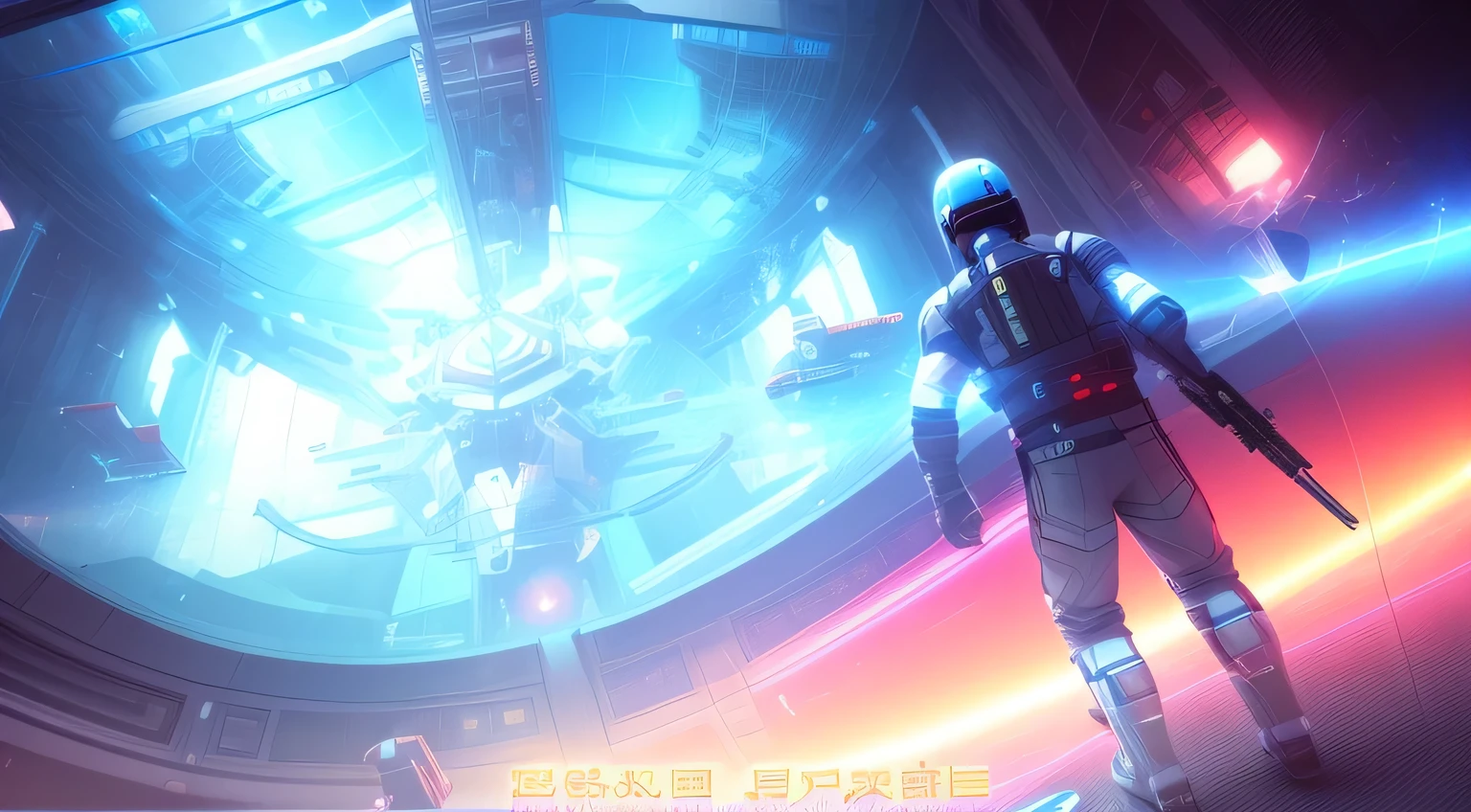 There is a person standing in a sci-fi environment,Holding a clock in his hand, blind spot, blind spot artwork, isometric blind spot game, in blind spot, Complex machines in space, on a crowded space station, 视频Game screenshots, PS 3 screenshots, hd remaster, 视频Game screenshots, artistic, Game screenshots, 室内Game screenshots, 超宽Game screenshots
