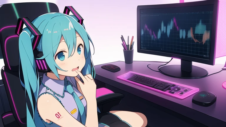 Hatsune Miku、dark room、Vocaloid、thumbnail、neoneet、Stock charts、Dual Monitor、Social withdrawal、An illustration、sit on a gaming chair、dark face、gamer、genius