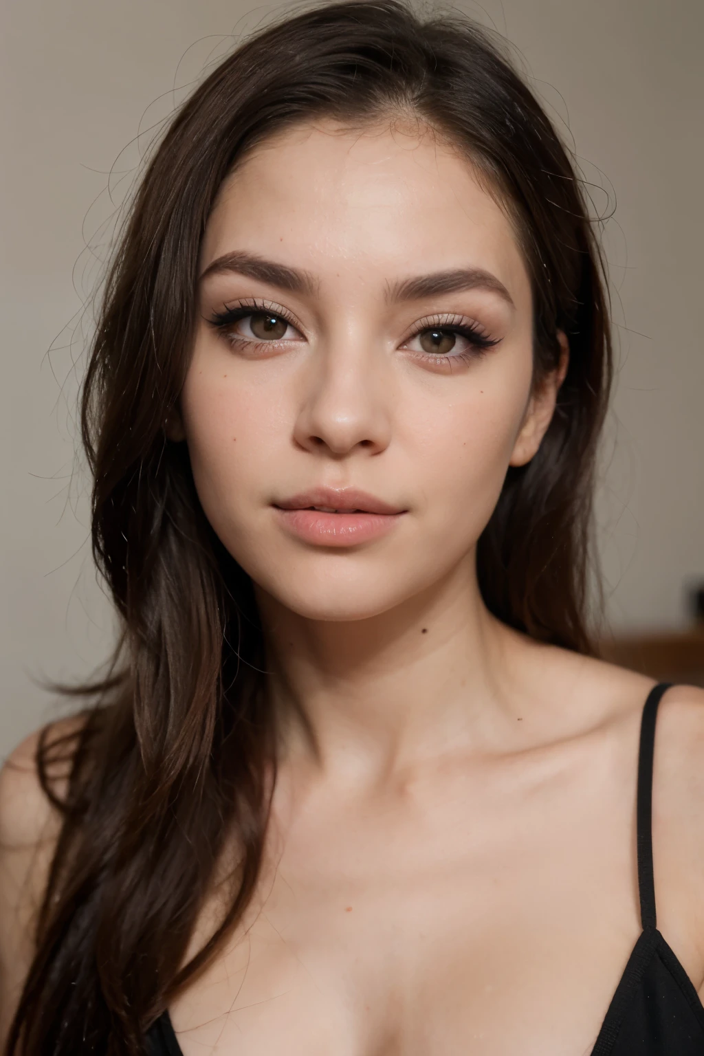 una imagen de una mujer con cara perfecta, honey-colored eyes with long eyelashes, cejas pobladas y nariz fina, labios gruesos y que sea de tez clara, ademas de contar con cabello rubio, que sea lo mas relista a una mujer de verdad con todo el detalle posible
