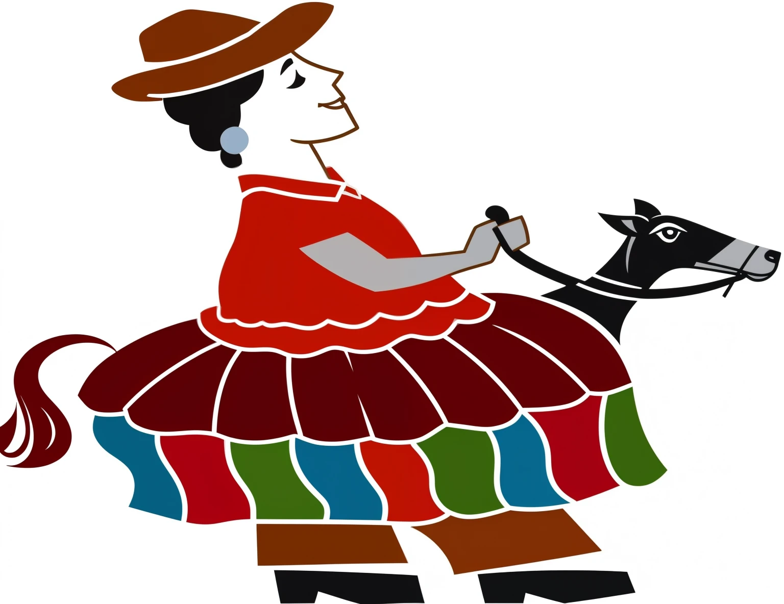 a imagem de desenho animado of a man riding a horse with a dog, folkloric illustration, folk, Cholitas bolivianas, peruano, Folclore mexicano, human dressed as um touro, clipart, vaca-, chama, clipart, imagem colorida, tempera, cute Mulher, incluindo um matador & um touro, Mulher, imagem de desenho animado, colorful illustration