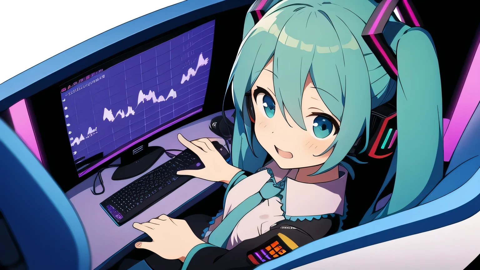 Hatsune Miku、dark room、Vocaloid、thumbnail、neoneet、Stock charts、Dual Monitor、Social withdrawal、An illustration、sit on a gaming chair、dark face、gamer、genius