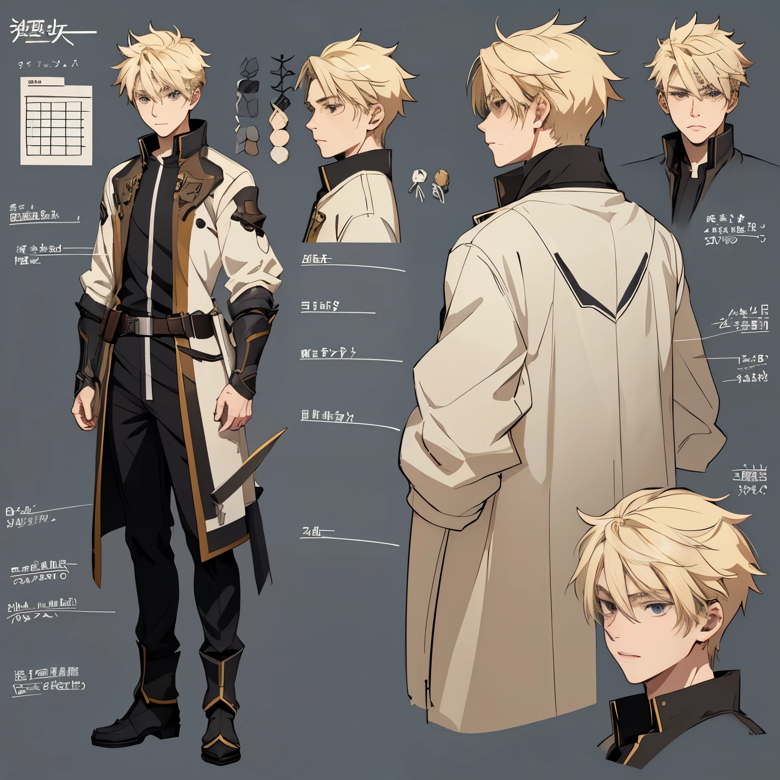 [Character sheet] / [Concept character art], [A teen age boy ],Head model , Different angle's, highlighted blonde hair ,Same character, Character sheet Head model,line art ,Anime studio sheet ,skin texture, Shadow, ultra quality,half body only 