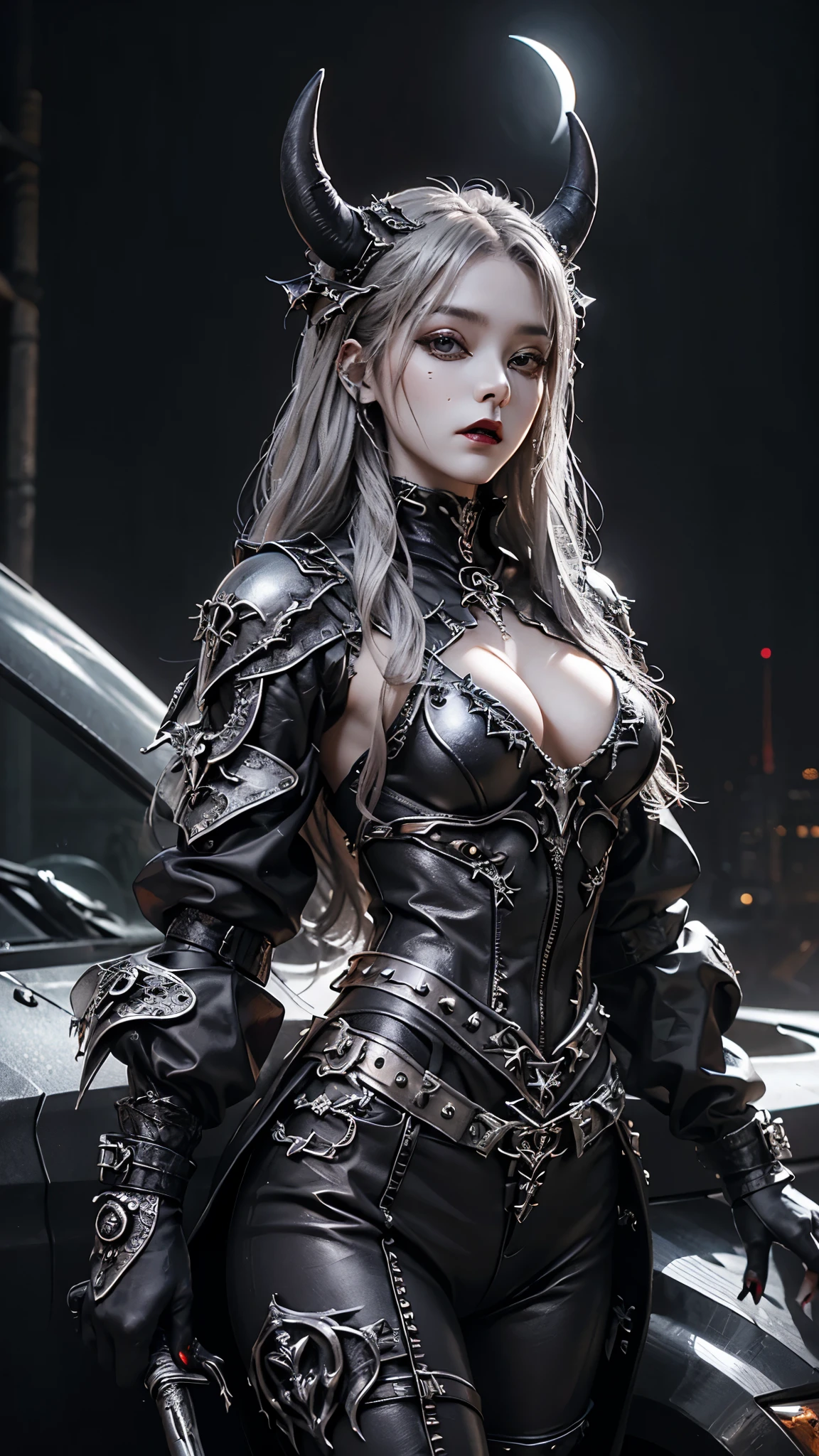 8K, ultra HD, very detailed, masterpiece, 1 girl, good face, dark eyes, dark lips, medium beasts, (detailed metal outfit:1.5), ( devil silver outfit:1.5) bare waist, darkness, moon background, scary scenery, front pose,