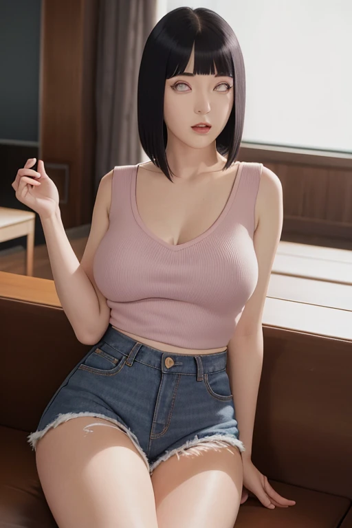 (sfw) work of art, absurdities, Hinata Hyuga, character from Naruto, 21 years old, kunoichi of the Hyuga clan, full breasts, beautiful wearing a white woolen blouse (well-behaved), 1 girl, alone, mature woman, wearing ripped jeans ,high waist, looking at the viewer, perfect makeup, detailed lips, big breasts, pretty face, body proportion, blush, (pink lips), long hair, purple eyes, soft look, super realistic, detailed, photo shoot, realistic face and body, sitting in a cinema seat watching a film