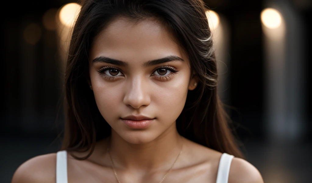 RAW photo, [[[[Closeup]]]], [[[One]]], 18 year old Brazilian woman, beautiful dress, white skin, light makeup, lip gloss, realistic skin texture, sharp focus, realistic cinematic photo, background black with low light