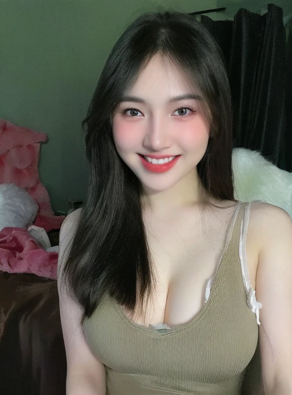 (realistic、high resolution:1.3)、 1 girl with perfect figure、selfee、smile、((white skin:1.3))、big breast、white bikini、looking at viewers、super fine face and eyes、long hair、 in bedroom, sit on the bed、upper body、half body