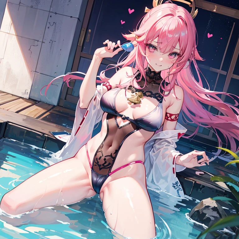 (best quality, high resolution, realistic), detailed, bright colors, lace, Pouting, long eyelashes, sparkling skin, lustrous Some hair, heart shaped pupils, pink hair, tongue sticking out.. Sex costumes, chest tattoo, Photographed from a distance, Areola cover, small thighs, ashamed, detailed 전신 4K, See all, looking from a distance, spread your legs , lingerie swimsuit, spilled clothes, Slobber, Immerse yourself in water, Perforated nipples, small thighs에 낙서, , fell into swimming pool, full body view, large swimming pool, Hole swimsuit,Full, large breasts, runoff, Hair is wet, , biting my lip, Wipe it's eyes, Shameful appearance, Mild atmosphere,Genshin,yae miko,yae miko,Genshinyae miko