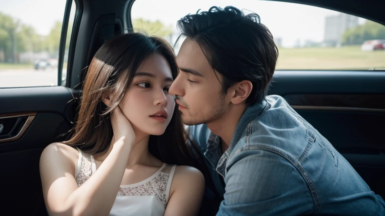A man flirts with his girlfriend in the car. Love and passion.