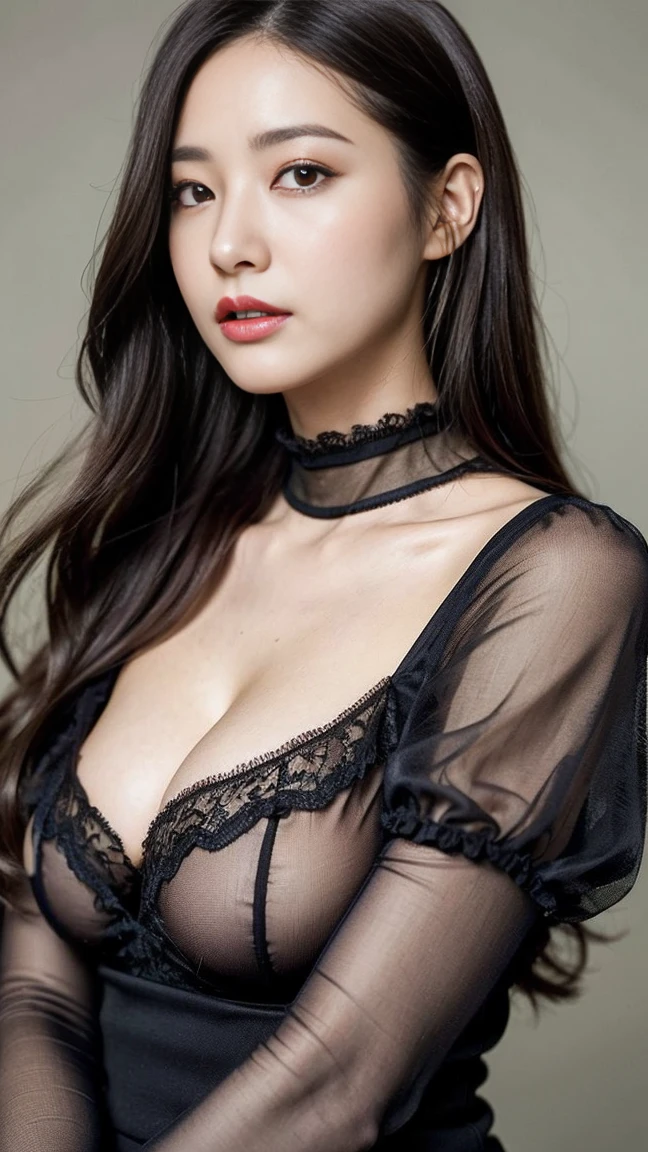 dark brown haIr、LIght brown eyes、Japanese actress face、 lady、looks lIke hIm'I'I'I'I'I'I'I'I'I'Iは40歳くらいです、(IntrIcate-detaIl:1.2)、(top-qualIty:1.4)、 (超A hIgh resolutIon:1.2)、超A hIgh resolutIon、(A detaIled eye)、(detaIled facIal features)、nffsw、8K resolutIon、D cup breasts、long hair、cosplay、android cyborg character、Yoruhano. 2 type a, 1 girl, WLOP, chest, cleavage, cleavage cutout, clothing clippings, green background, hair between eyes, hair band, High resolution, juliet sleeves, long sleeve, NieR (series), NieR automata, puffy sleeves, red lips, face with shadow, alone, turtleneck, null、ロングboots、high heels boots、