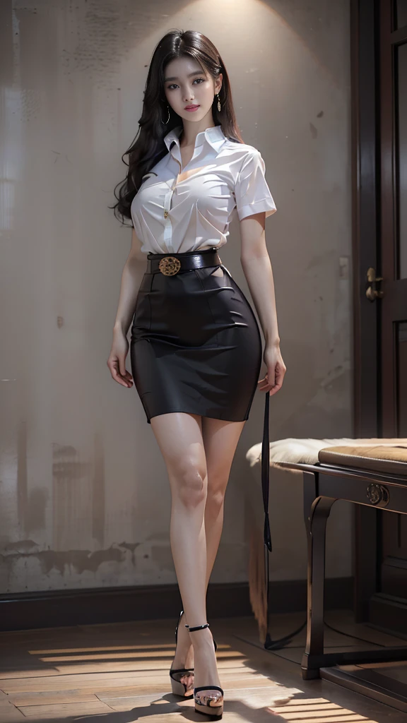 นักศึกษาthailand, woman, half-caste, thailand, Japan, Korea, Height 173 centimeters, ((stand)), (Beautiful face, แต่งBeautiful face, Double eyelids, red lips), (black hair, long hair long hairมาก, long hairตรง, long hair, flowing smoothly), (womanที่สวยงาม, The texture is realistic.), (white short sleeve shirt thin shirt, collar shirt, There are buttons., metal buttons, เม็ดmetal buttons), (Huge breasts, Breast augmentation, เต้าBig tits, Big tits), (short black pencil skirt, Very short, Side incision, กระโปรงพร้อมbeltwoman, tight), (Symmetrical shape, sexy figure, small waist, Long legs, Beautiful thighs), (Pitch black high heels, earring, Put on a watch, metal chest brooch, belt), full body photo, Look at every part of the body., university backdrop,