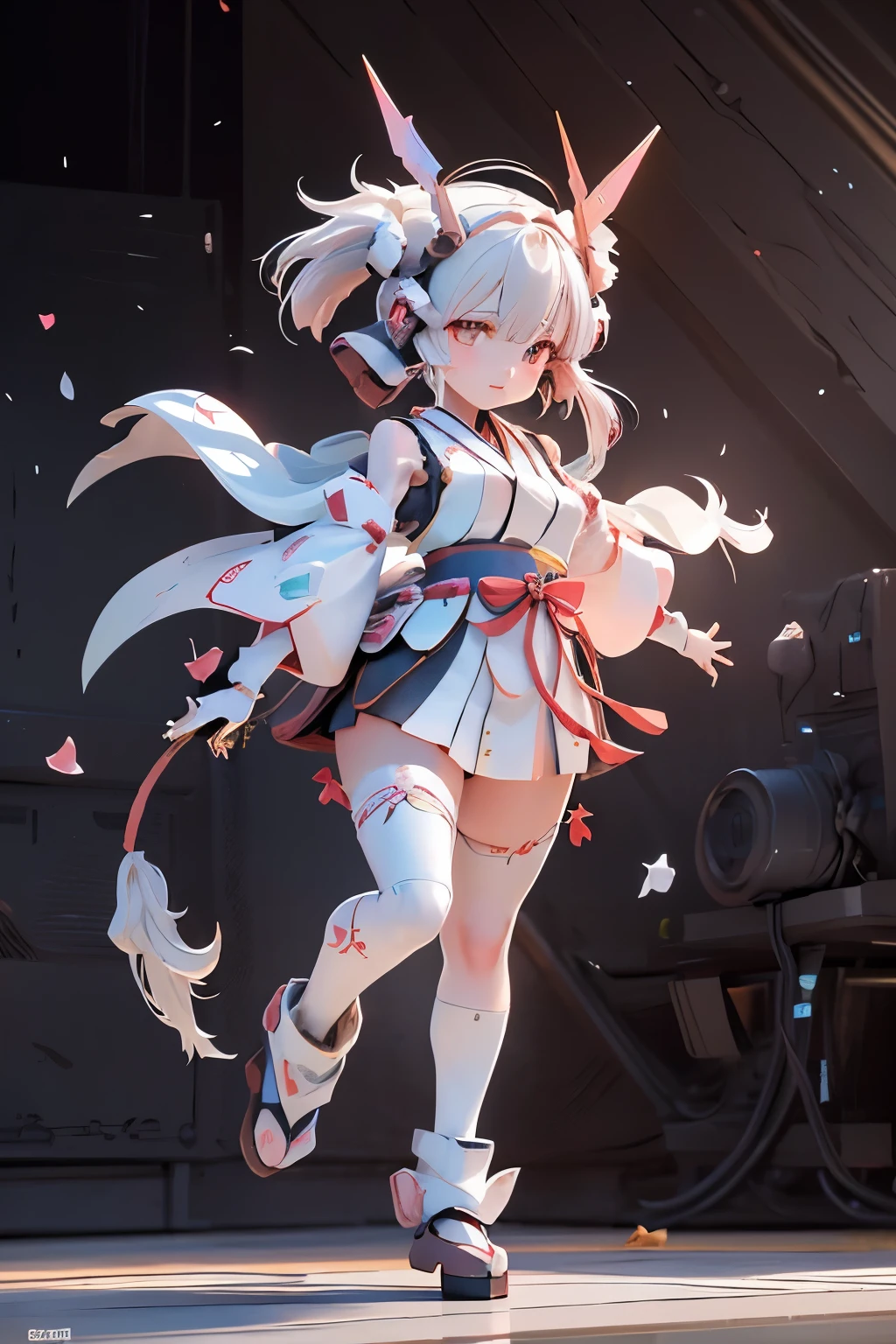 (highest quality)), ((masterpiece)), (very detailed: 1.3), 3D, {(japanese young girl)}, white theme, (ware a scarlet hakama:1.1), wear shrine maiden anime costume, (She is fused with futuristic Gundam mecha:1.3),   with headgear, with v-fin , armored shoulders,armored under arms, armored under legs, (holding a Japanese sword in the right hand:1.2), multilayer textureperfect proportions, octane rendering, duotone lighting, Low ISO, wide aperture, White balance, Rule of thirds, ultra HD16k, HDR (High Dynamic Range), Ray Tracing, NVIDIA RTX, Super Resolution, Subsurface Scattering, PBR Texturing, Post Processing, Anisotropic Filtering, Depth of Field, Maximum Clarity and Clarity, High efficiency subpixel, subpixel convolution, particles of light, light scattered, Tyndall effect, full body:1.5, battle pose, cute, (cute:1.2), (bob cut:1.3),三つ編み, 黒髪, 太い眉毛, 薄い色の虹彩, 大きくて輝いている黒い瞳, 長いまつげ, 小さく薄い色の自然な唇, (Average face of Japanese idols), (日本人特有の童顔:1.3), (baby face), 広いおでこ:1.2, ふっくらした頬, 小さな顎, visible side boob, broken streets, Broken City,looking at viewer,Focus on the eyes, (完璧な4本の指, 親指1本),