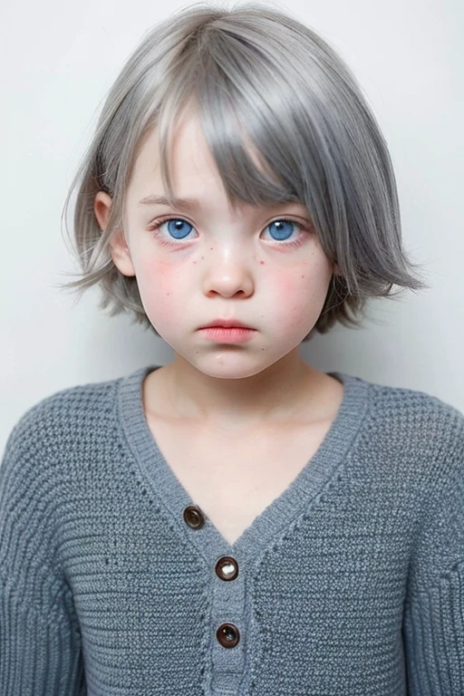 An  girl, bee, white hair, short and curly, blue eyes and freckles