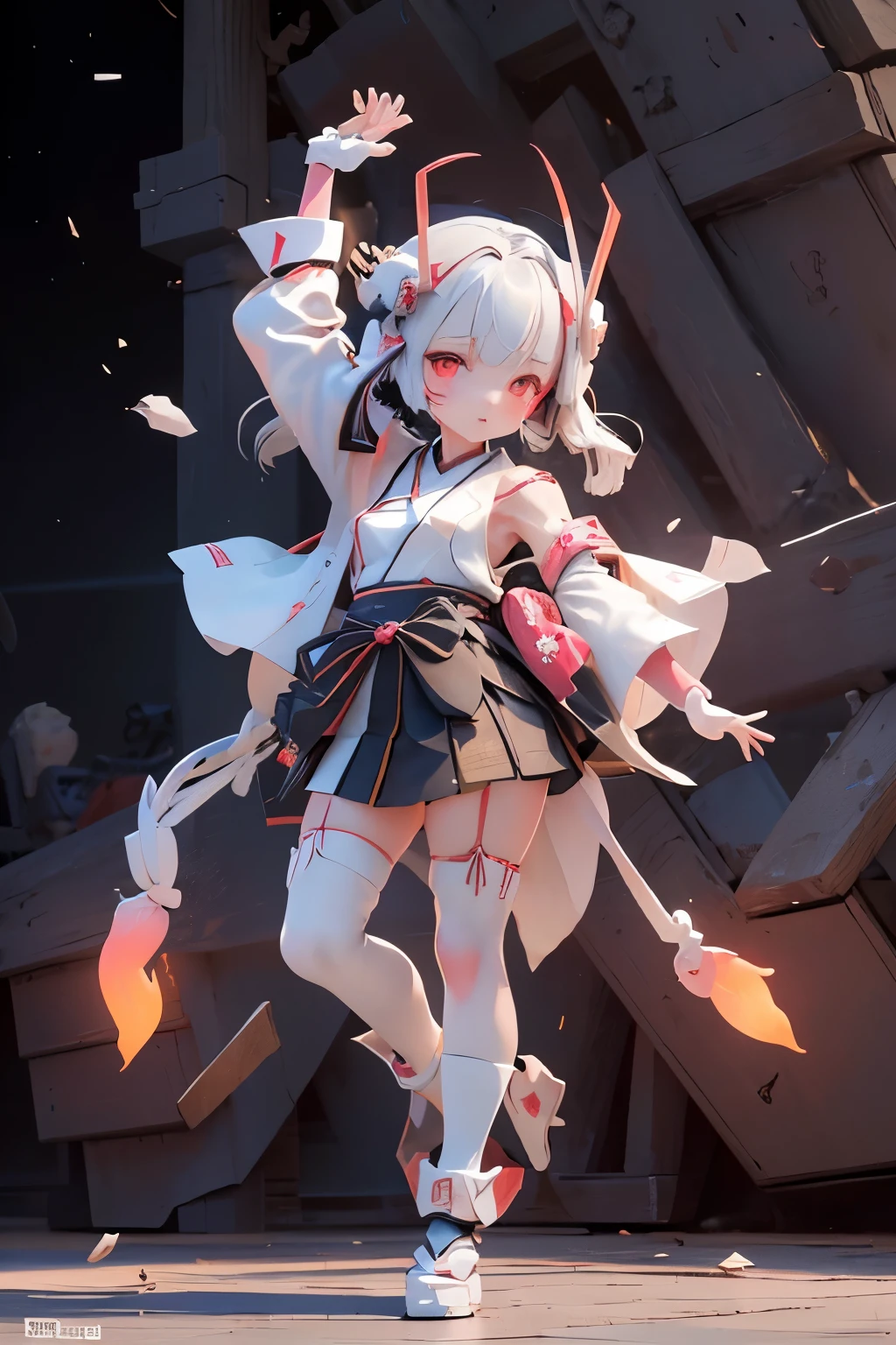 (highest quality)), ((masterpiece)), (very detailed: 1.3), 3D, {(japanese young girl)}, white theme, (ware a scarlet hakama:1.1), wear shrine maiden anime costume, (She is fused with futuristic Gundam mecha:1.3),   with headgear, with v-fin , armored shoulders,armored under arms, armored legs, (holding a Japanese sword in the right hand:1.2), multilayer textureperfect proportions, octane rendering, duotone lighting, Low ISO, wide aperture, White balance, Rule of thirds, ultra HD16k, HDR (High Dynamic Range), Ray Tracing, NVIDIA RTX, Super Resolution, Subsurface Scattering, PBR Texturing, Post Processing, Anisotropic Filtering, Depth of Field, Maximum Clarity and Clarity, High efficiency subpixel, subpixel convolution, particles of light, light scattered, Tyndall effect, full body:1.5, battle pose, cute, (cute:1.2), (bob cut:1.3),三つ編み, 黒髪, 太い眉毛, 薄い色の虹彩, 大きくて輝いている黒い瞳, 長いまつげ, 小さく薄い色の自然な唇, (Average face of Japanese idols), (日本人特有の童顔:1.3), (baby face), 広いおでこ:1.2, ふっくらした頬, 小さな顎, visible side boob, broken streets, Broken City,looking at viewer,Focus on the eyes, (完璧な4本の指, 親指1本),