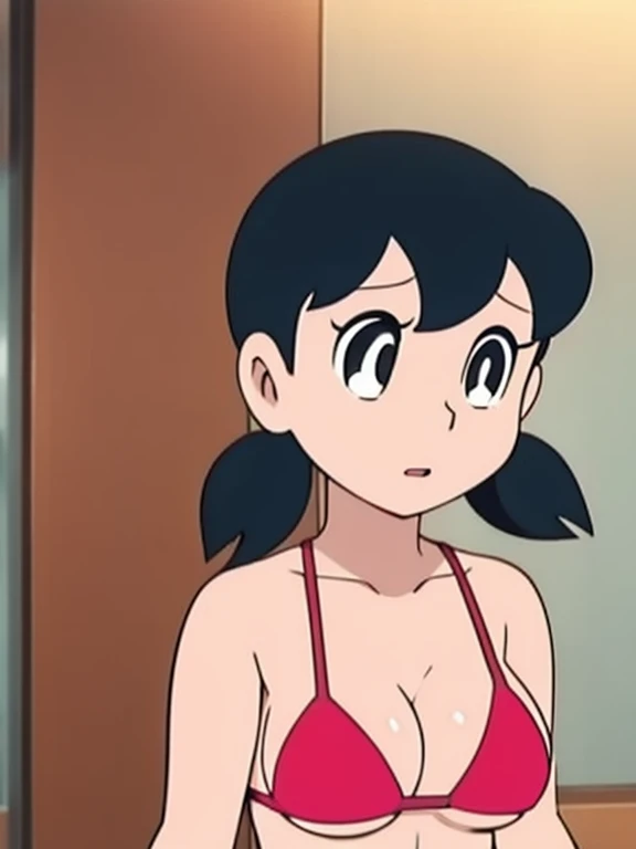 1girl, solo, slim, upper body, black hair, twintails, large breasts, short twintails, red micro bikini, bathroom, bathing