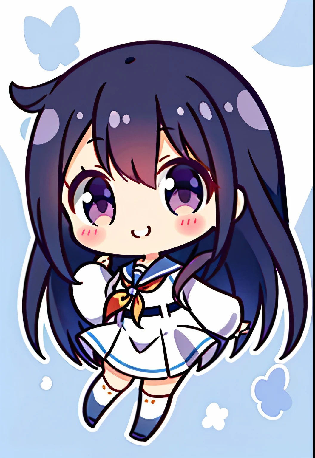 Chibi, full body, (masutepiece, Best Quality:1), 1girl in, Solo, sailor uniform, Chibi, White background, long shiny Dark hair, smile