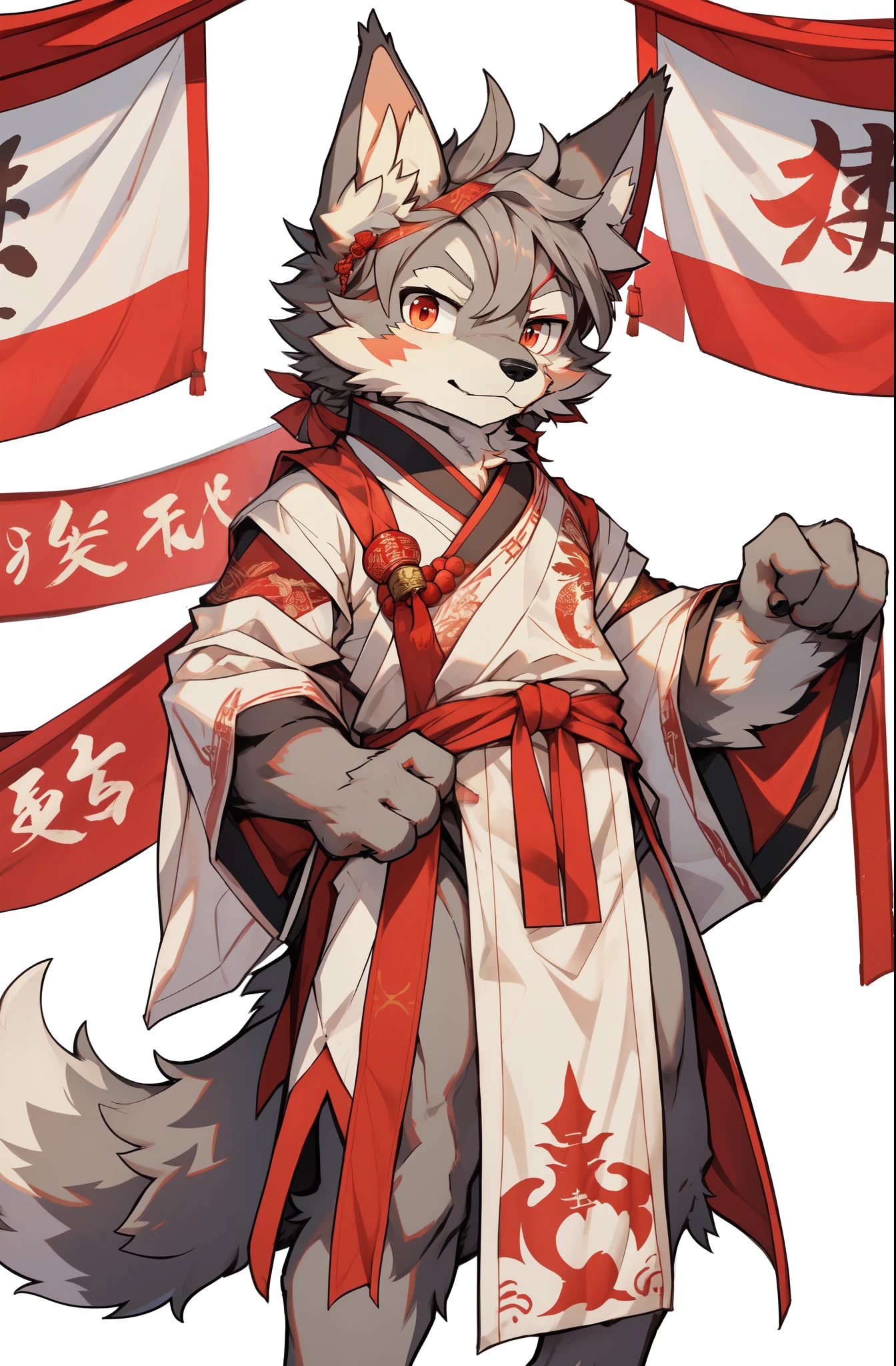 masterpiece, best quality, (hairy)(Boy light gray humanoid dog:1.3)hairy, male focus, alone,animal ears, formal, wolf ears,Wolf boy holding red China banner,It says Chinese, 举着red banners, cloth banner, Long cloth as red as silk, red banners, hanging silk scroll,