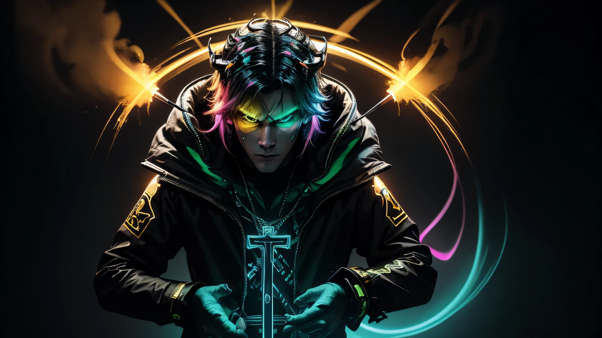 ((full body shot)), King with a crown and mask with a cross in blood, leading his army of knights of the cross, turning everything he touched into gold. man wearing a ying yang phantom mask with symbols of the cross, bright colors, high saturation, high detailed, lots of neon colors smoke, stunning visual masterpiece, double exposure High resolution, Vibrant, High contrast, HDR, surrounded by, extremely detailed, ultra sharp, perfect composition, smooth, sharp focus, realism, high detail, hyper realistic, the photo realistic, sharp focus (iridescent glow smoke), UHD, 32K, very bold neon colors, ((high saturation)) ink line, black light colors, neon smoke, smoke and lights neon colors, neon red, neon orange, neon blue, neon green, neon yellow, neon pink, neon purple, neon orange, black light luminance,