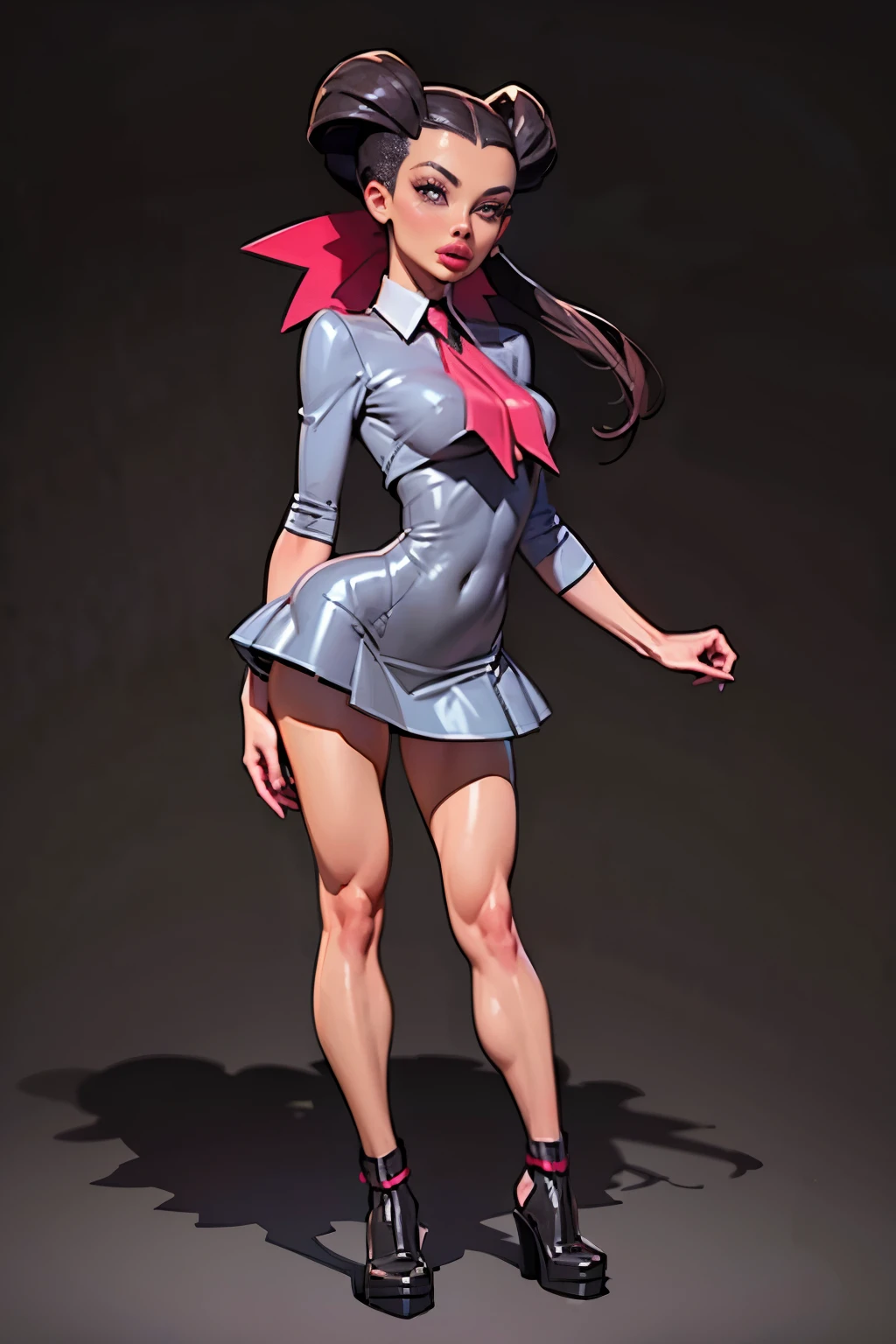 Generate an illustration of a mature Roxanne, gym leader of pokemon , (gray dress), hd, holding a pokeball all, (aletta ocean face), de terno preto, pink ascot, (twin ponytails), long black hair, twin ponytail, shiny hair, (small breasts:1.2), outfit in anime format with a serious style, boots, make up, masterpiece, dark lighting, black background, puffy lips,(slendered abs), beautiful face,