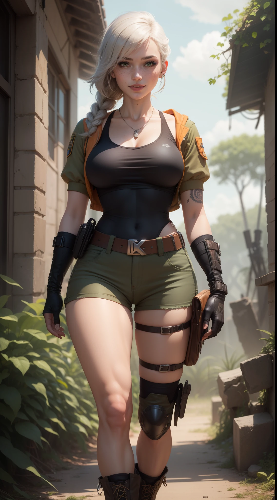 gwen tennyson,yorha 2b,lara croft,jill valentine,overwatch,tomb raider,close up,amazonian jungle ruins,tattoos,brown and orange plugsuit,white short sleeve military leotard,short sleeve military hoodie,brown cargo micro shorts,military harness,long braided hair,punk makeup,green eyes,multicolored silver hair,military gloves,sexy smile,freckles,beautiful girl,tall military boots,large breasts,8k,ultra detailed, realistic,fantasy art,military uniform, hair pin,ear piercings,aztec head and neck jewelry,(weather:windy),1girl,