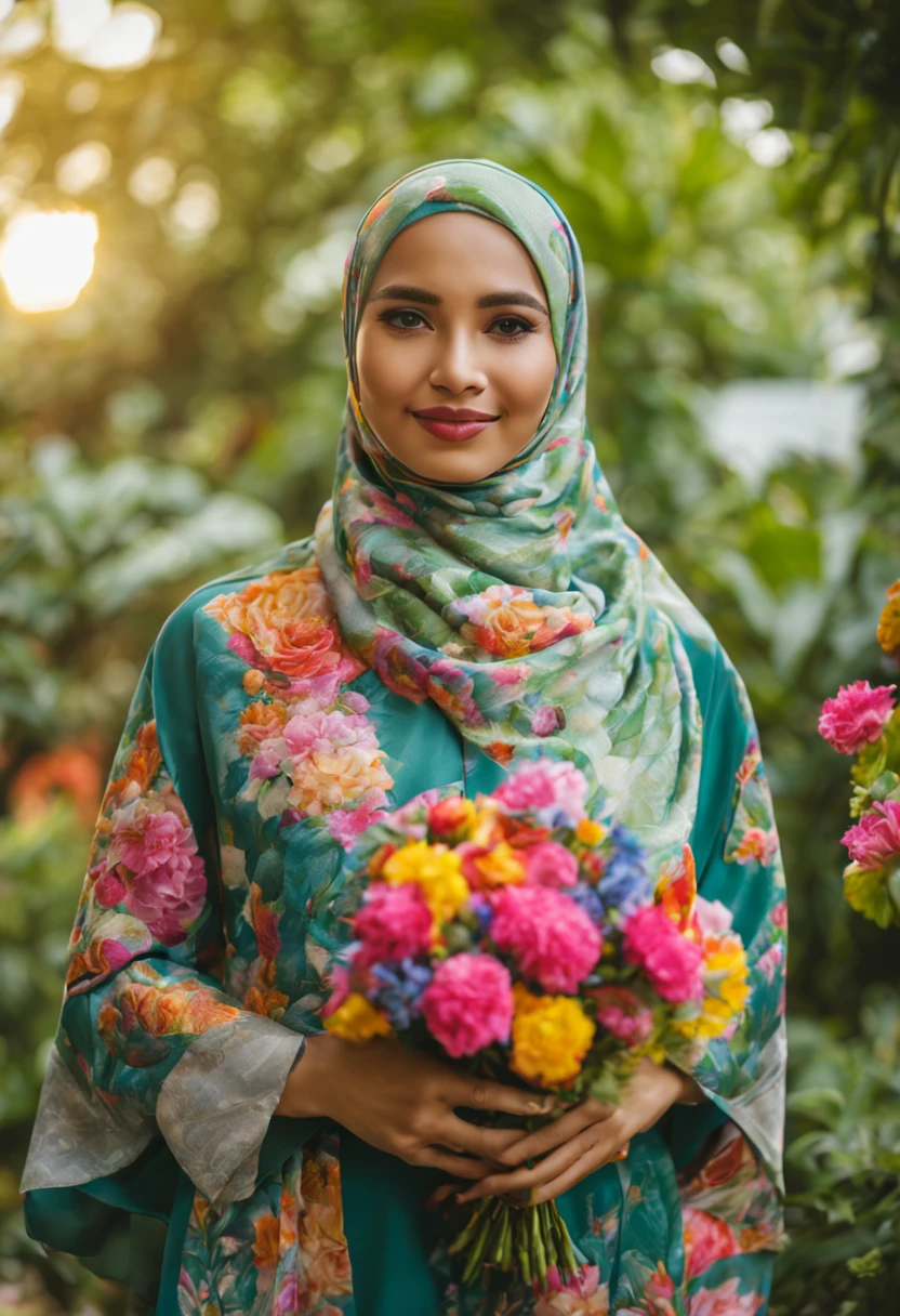 Malay women wearing hijabs with batik patterns on their kurungs, standing in a beautiful garden. The girl has detailed eyes and beautiful lips, creating a serene expression on her face. The garden is filled with vibrant flowers and lush greenery. She is holding a bouquet of colorful flowers. The sunlight filters through the trees, casting a warm glow on the scene. The hijab is made using high-quality fabrics, creating a visually striking contrast. The artwork has the style of an oil painting with ultra-detailed brushstrokes, capturing the vibrant colors and richness of the Malay culture. The composition and lighting are carefully planned, resulting in a visually pleasing and realistic scene. The image quality is of the best quality, with high-resolution details and a photorealistic effect.
