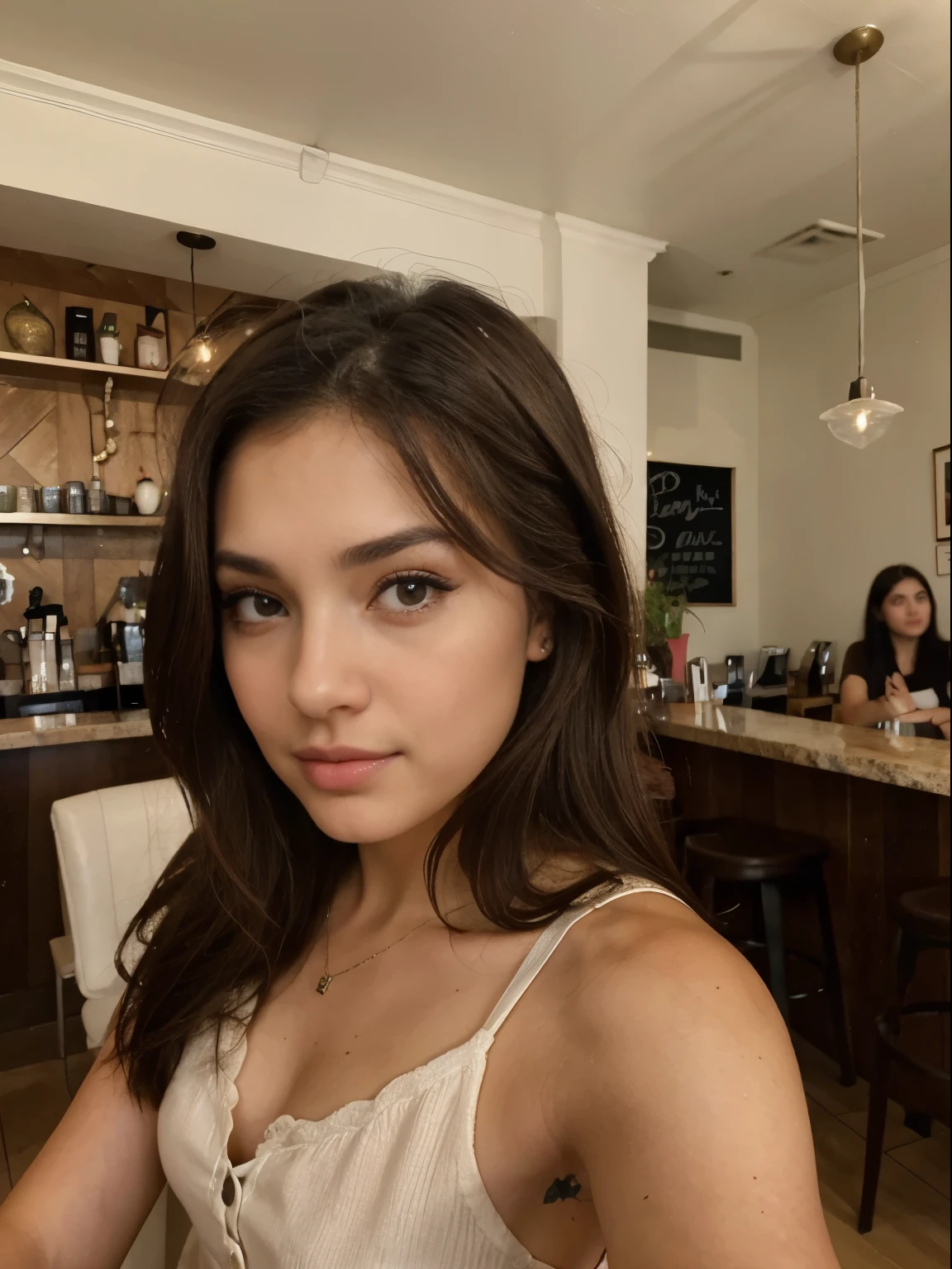 Photo of a 20 year old brunette woman., que tiene una cara muy natural,  labios delgados, ojos delgados, cejas finas, nariz fina, pendientes, long eyelashes. She takes a cute selfie in a cafe.