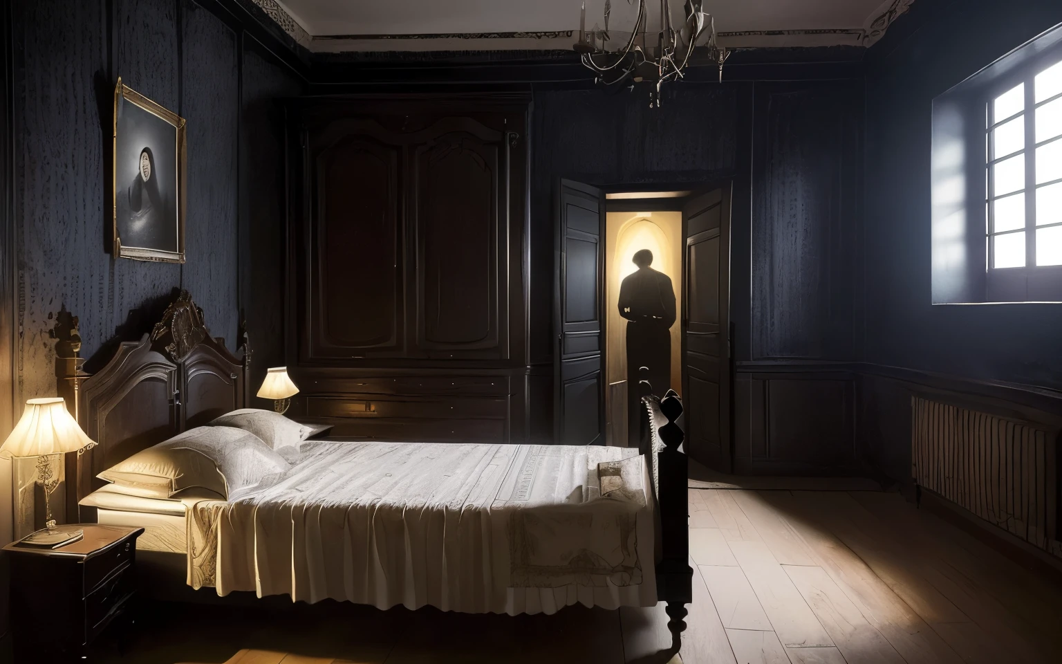 ((imagem ilustrativa)), ((room in old mansion)), ((jovem garota de 20 anos dormindo)), ((camisola do 19th-century)), ((19th-century)), ((quarto escuro)), ((luz da lua)), ((vulto preto)), ((homem observando garota dormindo)), ((apparition)).
