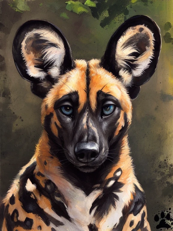 solo, African Wild Dog, male, beautiful eyes, perfect eyes, symmetrical eyes, detailed background, photorealistic, 8k, (by blotch),