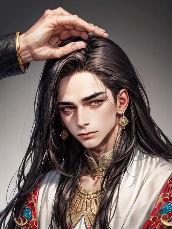 1 homem((melhor qualidade)), ((obra de arte)), (detalhado), rosto perfeito,design de personagem, flowing dark hair,olhos cor de mel,pele escura,roupas de luxuosas de poeta pretas e douradas com um manto de pele,jewelry and rings,luvas de couro,cabelo comprido,cabelo brilhante,serious,bonita,madura,8k,sozinho,close-up,sozinho,masculino,homem,jovem homem,poeta,manto,negro