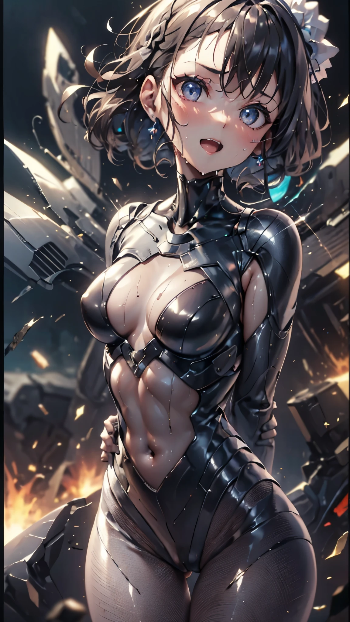 woman,,,Ocean,night,(((white tight miniskirt bodysuit))),(wet with sweat),open mouth smile((See-through)),((beautiful long ponytail)),((Baby girl bohape))