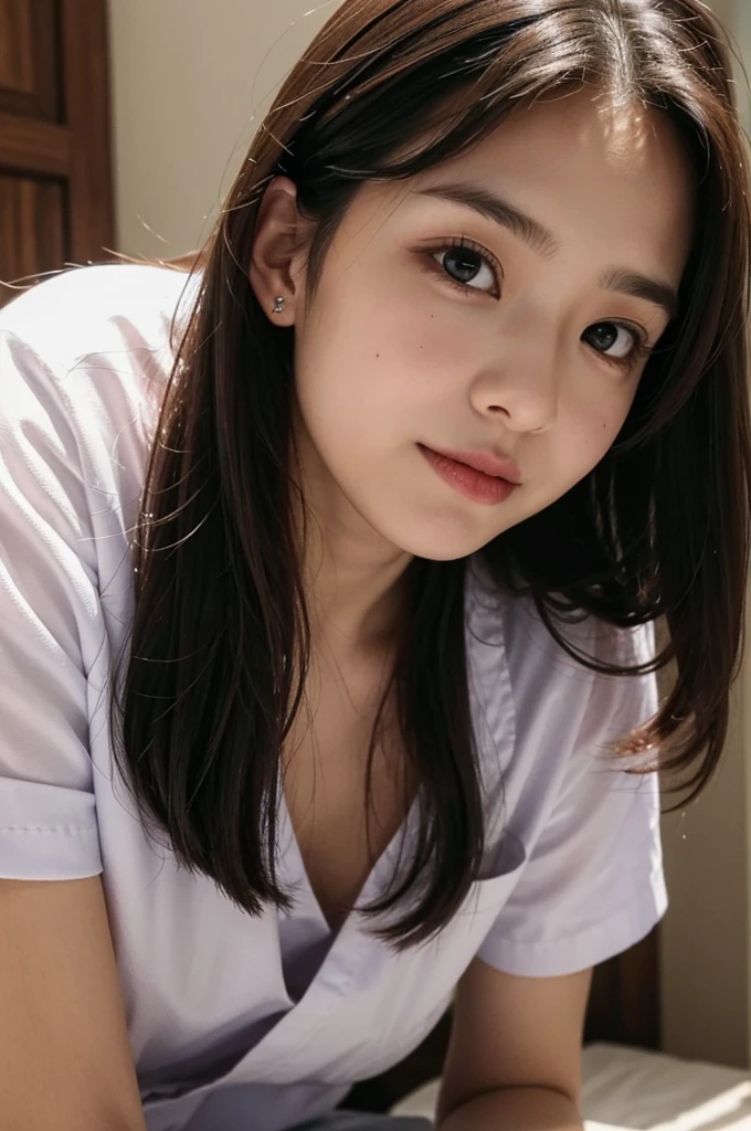 ((Best quality, 8k, Masterpiece :1.3)), 1girl, hospital, round face, Pretty woman, Long Hair,Half Smile, nurse,Ultra-detailed face,Leaning Forward, cute eyes, Double eyelid