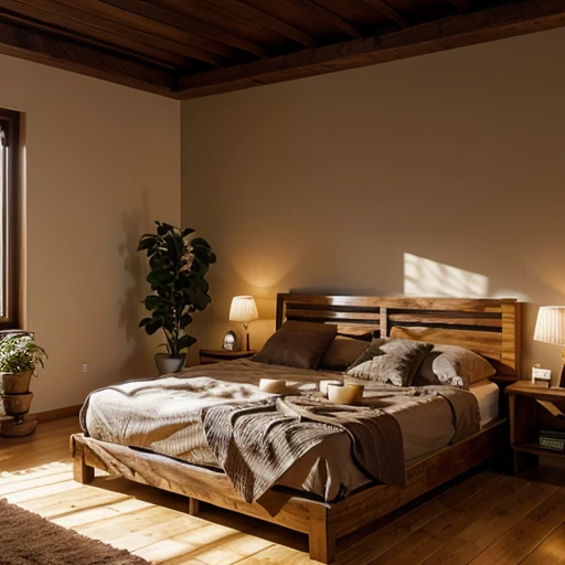 Home,interior,living room,wooden design,natural color,plants,furnitures,picture,bed,lighting.