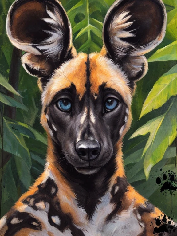 solo, anthro, African Wild Dog, male, beautiful eyes, perfect eyes, symmetrical eyes, detailed background, photorealistic, 8k, (by blotch),