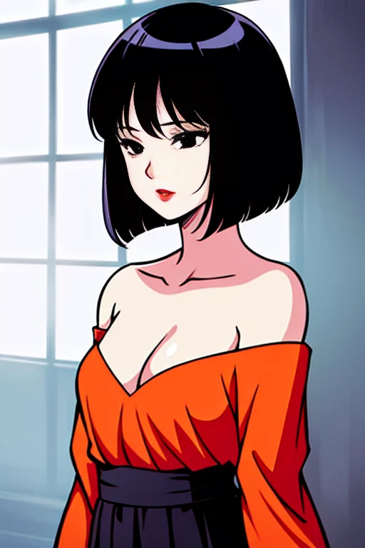 A Female with short black hair, bob cut, black eyes, Red lips, flamenco dress, orange ruffle off the shoulder top, black maxi skirt, bare shoulders, standing in a indoor room in style of digital illustration, anime, 1 girl, solo, close up, upper body.