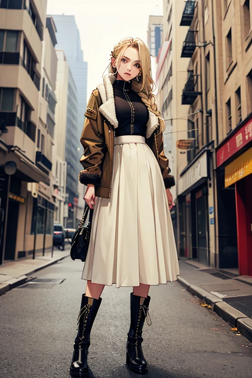 20th generation women,baby-faced woman,long blonde hair,one tied hairstyle,hair stretched out on the back,ear piercing,military short jacket,chiffon long skirt,long skirt,shearling boots