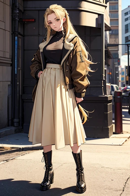 20th generation women,-facean,long blonde hair,one tied hairstyle,hair stretched out on the back,ear piercing,military short jacket,chiffon long skirt,long skirt,shearling boots