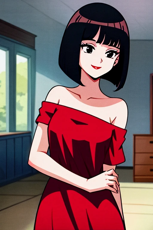 A Female with short black hair, bob cut, black eyes, Red lips, flamenco dress, orange ruffle off the shoulder top, shortsleeved, black maxi skirt, bare shoulders, standing in a indoor room in style of digital illustration, anime, 1 girl, solo, close up, upper body, smile