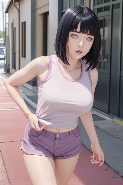 (sfw) work of art, absurdities, Hinata Hyuga, character from Naruto, 21 years old, kunoichi of the Hyuga clan, full breasts, beautiful wearing a white tank top (behaved), 1 girl, alone, mature woman, wearing shorts and sneakers running(behaved), high waist, looking at the viewer, perfect makeup, detailed lips, big breasts, pretty face, body proportion, blush, (pink lips), long hair, purple eyes, soft look, super realistic, detailed, session photo, realistic face and body, standing warming up on running track, sweating