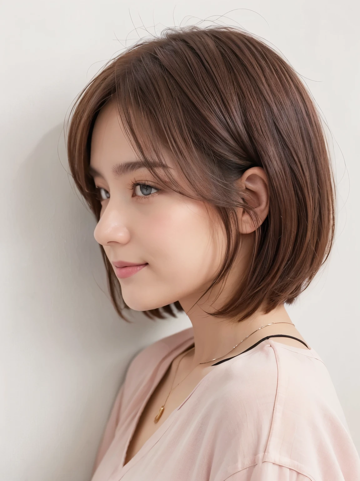 ((black long sleeve blouse))、(White wall on background、Pink-brown hair color:1.4)、white wall、Taken in front of the white door、(窓のあるwhite wallの部屋)、(8K、Live shooting、highest quality、masterpiece:1.2)、High-definition RAW color photo、professional photos、(real、フォトreal:1.37)、Shot in natural light、1 girl、A sloppy smile、(various poses)、necklace、(Beautiful profile:1.3)、Don't look at the camera、profile、shortcut、short hair、Eye color is dark brown、(Beautiful profile:1.3)、correct hand of human body、pastel clothing、ダークPink-brown hair color、Woman with single eyelid、correct state of the human body、natural color lip、Shot in well-lit areas