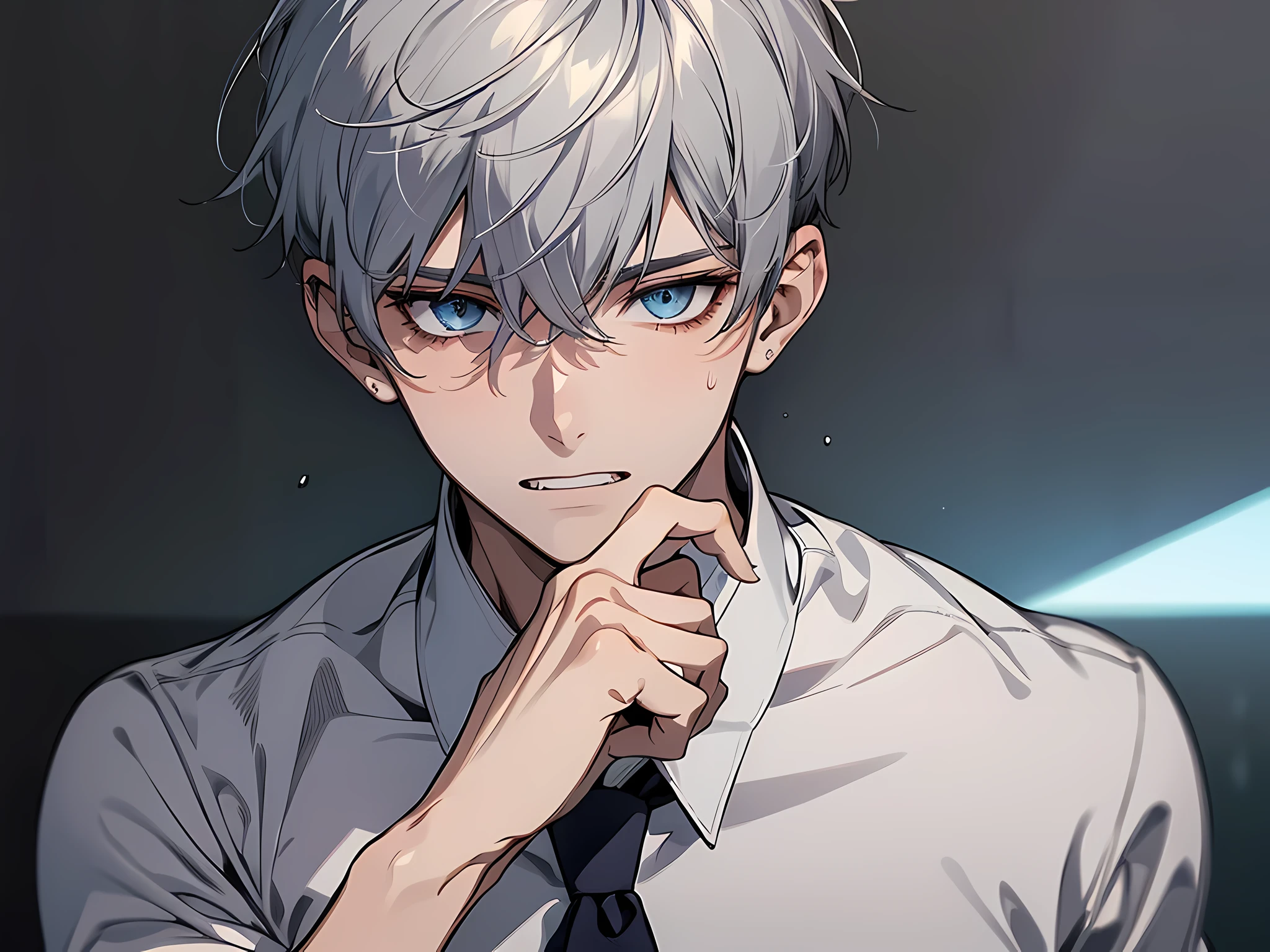 1 young man, grey hair, short hair, blue eyes color, wearing white shirt, showing teeth, sweating, face to detail, detailed eyes, the background is school, full-body illustration