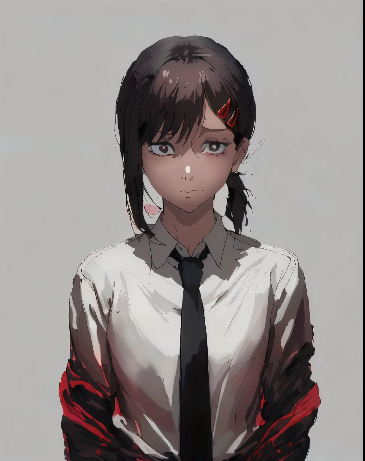 anime girl with black hair and a tie standing in front of a painting, detailed digital anime art, anime style 4 k, digital anime art, anime styled digital art, artwork in the style of guweiz, digital anime illustration, anime art wallpaper 4k, anime art wallpaper 4 k, anime art wallpaper 8 k, anime style digital art, anime digital art, Kobeni, mole under mouth, hair ornament, single sidelock, hairclip, multiple moles, mole under eye, bangs, short ponytail, sweat, brown eyes, white pupils, bright pupils, mole on cheek, brown hair, sidelocks, ponytail