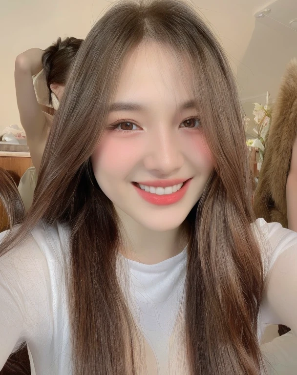 (realistic、high resolution:1.3)、 1 girl with perfect figure、selfee、smile、((white skin:1.3))、big breast、white bikini、looking at viewers、super fine face and eyes、long hair、 in bedroom, sit on the bed、upper body、half body