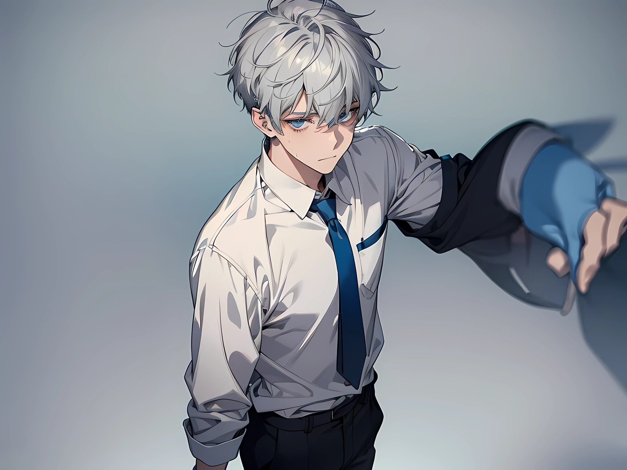 ****ung man, grey hair, short hair, blue eyes color, wearing white shirt, showing teeth, sweating, detailed eyes, the background is school, full-body illustration
