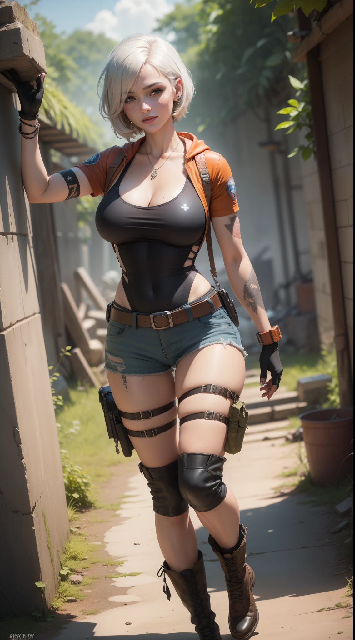gwen tennyson,yorha 2b,lara croft,jill valentine,overwatch,tomb raider,close up,amazonian jungle ruins,tattoos,brown and orange plugsuit,white short sleeve military leotard,short sleeve military hoodie,brown cargo micro shorts,military harness,long punk hair,punk makeup,green eyes,multicolored silver hair,military gloves,sexy smile,freckles,beautiful girl,tall military boots,large breasts,8k,ultra detailed, realistic,fantasy art,military uniform, hair pin,ear piercings,aztec head and neck jewelry,(weather:windy),1girl,