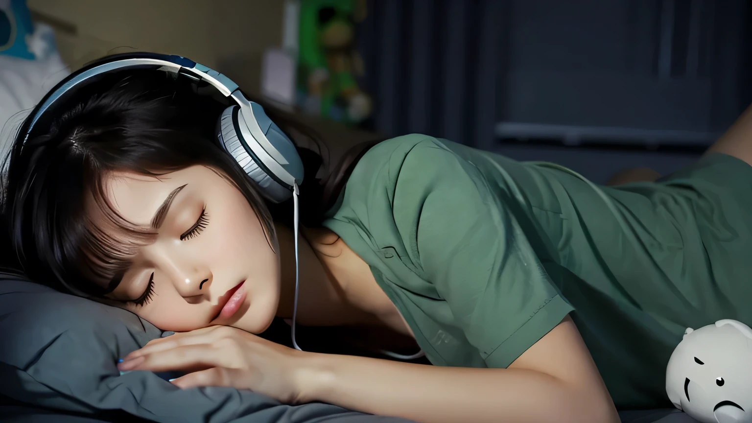 Illustration photo, details of a beautiful girl sleeping soundly on the bed in her bedroom, she is wearing headphones, dark colors and dark style.