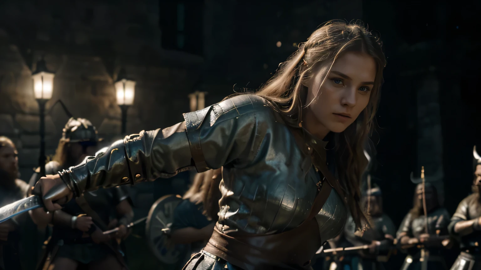8k, best quality, master part, Ultra high resolution, (realismo: 1.4), foto original, realistic (filmic grain: 1.3), (A young viking woman fighting bravely against the viking guards, her sword flashing in the moonlight.) (highly detailed background viking warriors), highly detailed fight (highly detailed skin), (detailed face), complex details
