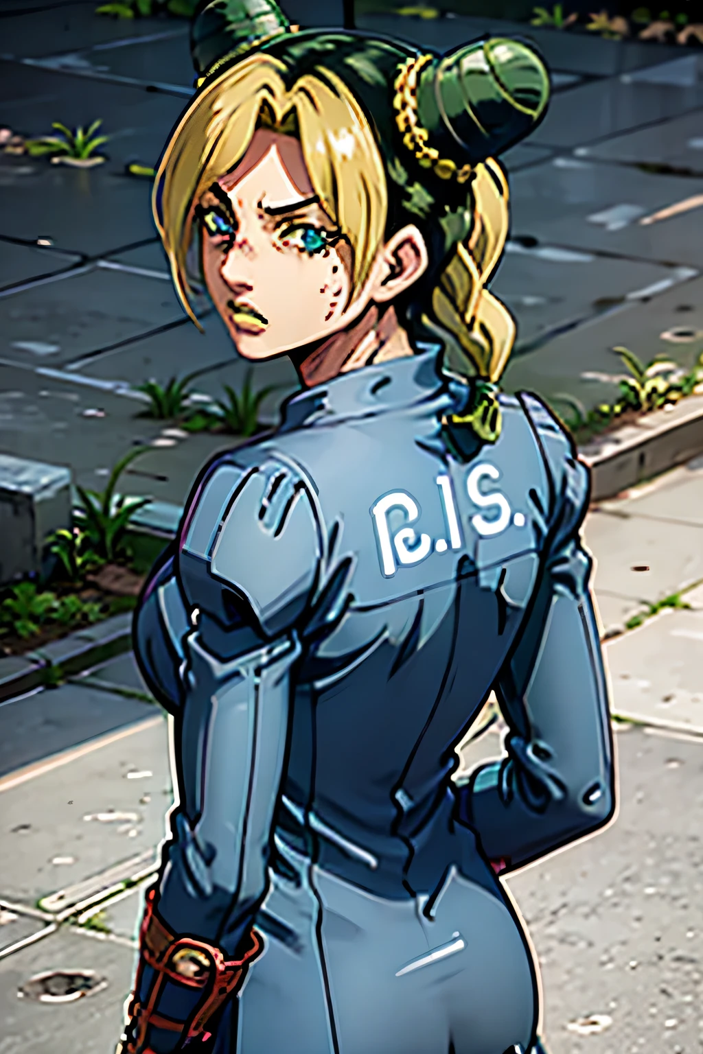 jolyne, 1girl, solo, blonde hair, black hair, jewelry, from behind, green hair, detailed, BREAK /grey prison jacket/, raining, braided ponytail, ass, looking back, green blue eyes,