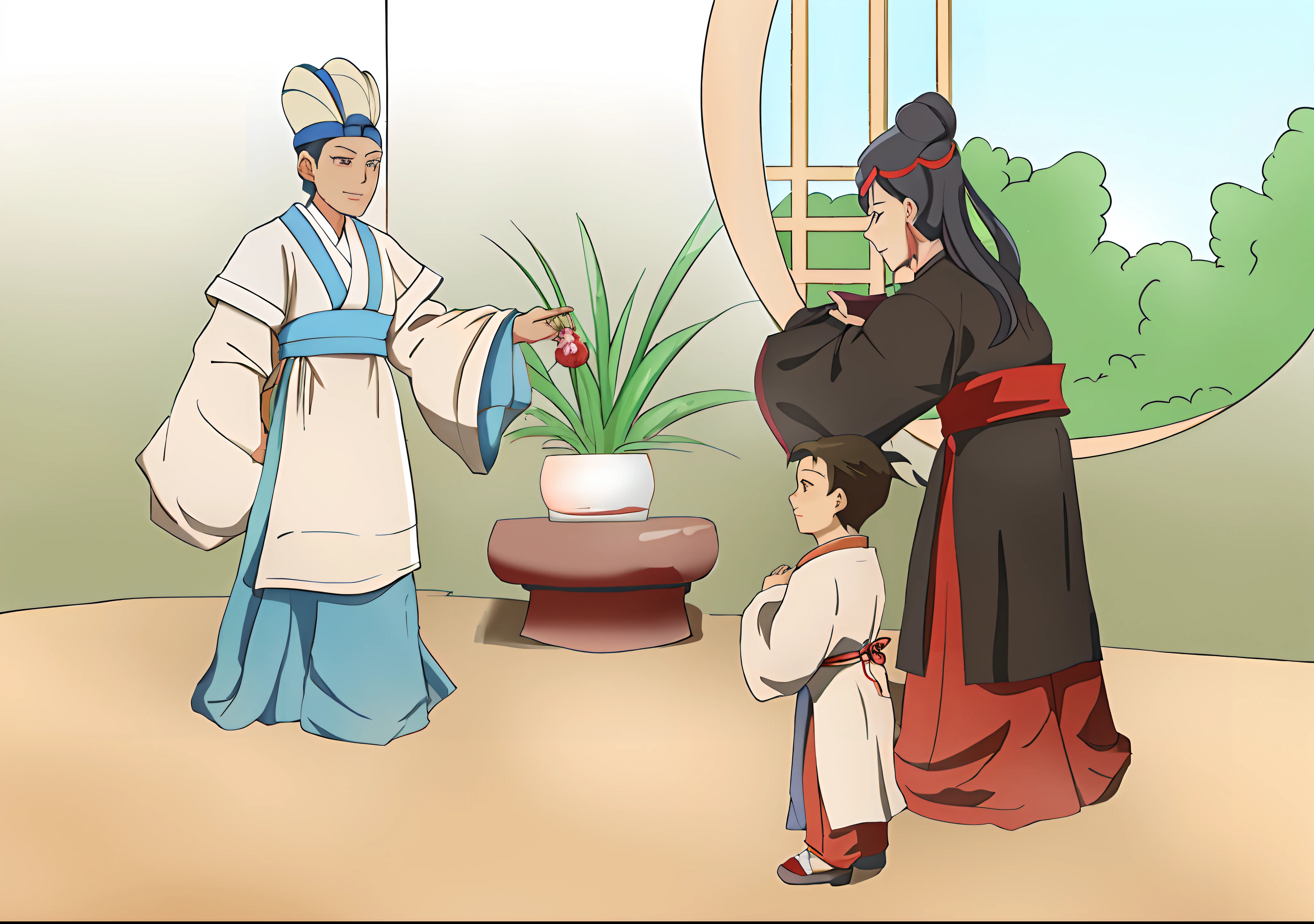 Caricature of a woman and a child standing in the room, Inspired by Chen Jiru, Wearing ancient Chinese clothes, wikipedia illustration, japanese feudal background, tea ceremony scene, wikipedia, Chinese traditional, Inspired by Dongzhou Zai Sharaku, coronation of the flower prince, Full color illustration, Wisdom Friends Animation